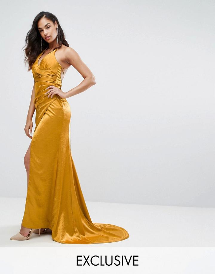 Bariano Drape Satin Gown With Strappy Back - Gold