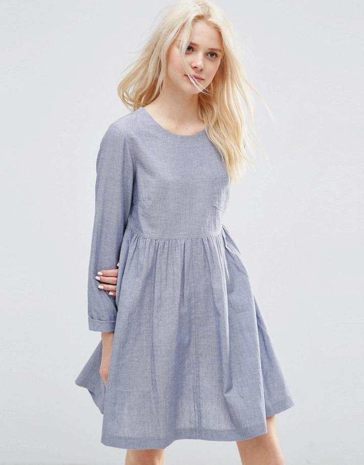 Asos Long Sleeve Chambray Smock Dress - Blue