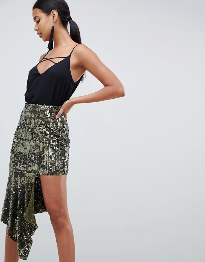 Asos Design Asymmetric Hem Embellished Midi Skirt - Green