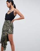 Asos Design Asymmetric Hem Embellished Midi Skirt - Green