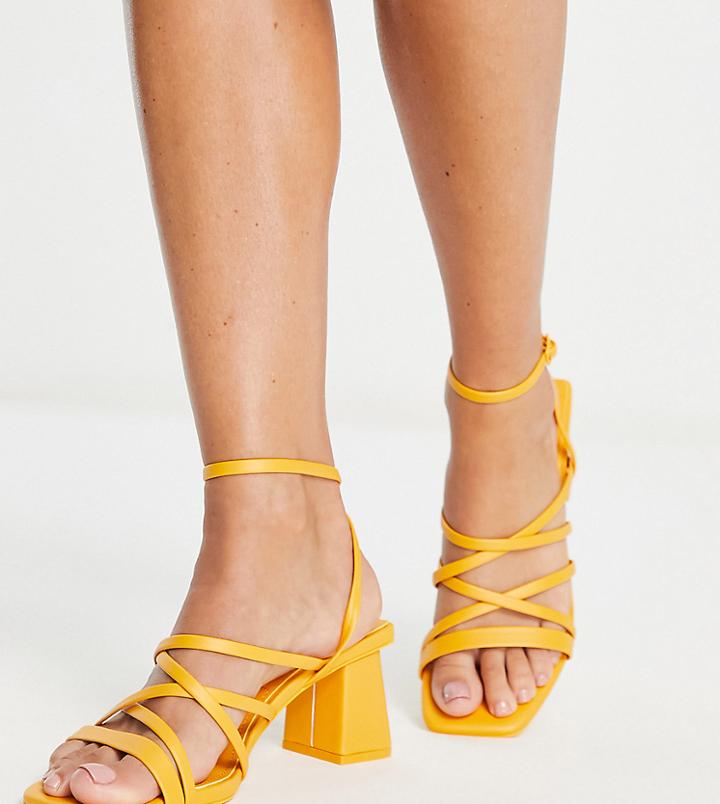 Pull & Bear Wide Fit Strappy Mid Block Heeled Sandals In Orange