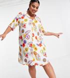 Collusion Plus Fruit Print Camp Collar Mini Shirt Dress-multi