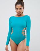 Asos Design Long Sleeve Lattice Side Detail Swimsuit - Multi