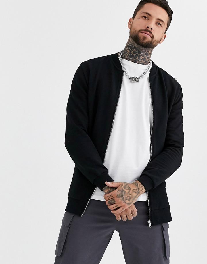 Asos Design Longline Jersey Bomber Jacket In Black