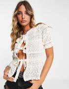 River Island Stitch Tie Front Knit Tee In Ecru-white