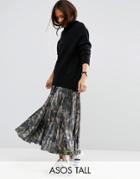 Asos Tall Pleated Skirt In Satin With Camo Print - Multi