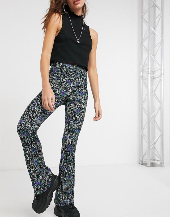 Topshop Floral Flared Pants In Black