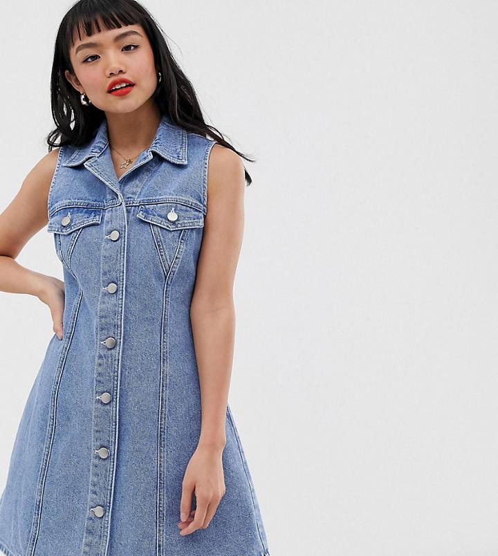 Asos Design Petite Denim Sleevless Skater Shirt Dress - Blue