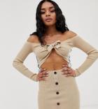 Missguided Petite Knitted Bardot Mini Dress With Tie Detail In Beige - Beige