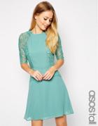 Asos Tall Mini Skater Dress With Lace Panels - Green