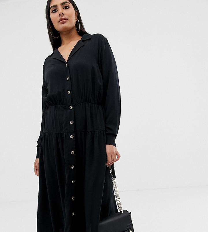 Asos Design Curve Button Through Midi Shirt Dress With Long Sleeves-black