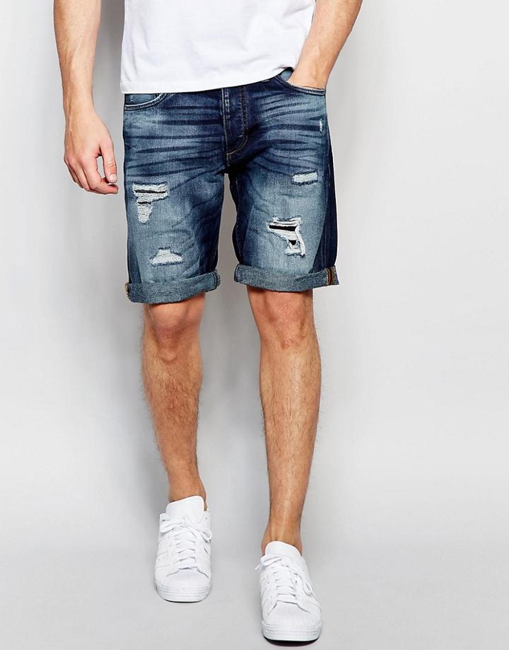 Jack & Jones Dark Wash Rip & Repair Denim Shorts - Dark Blue