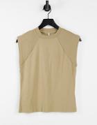 Only Organic Cotton T-shirt With Padded Shoulder In Camel-green