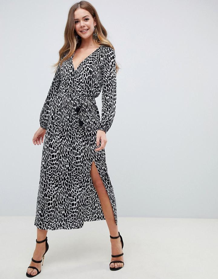 Asos Design Mono Animal Plisse Wrap Maxi Dress With Belt - Multi