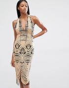 Lavish Alice Embroidered Mesh Halterneck Open Back Midi Dress - Brown