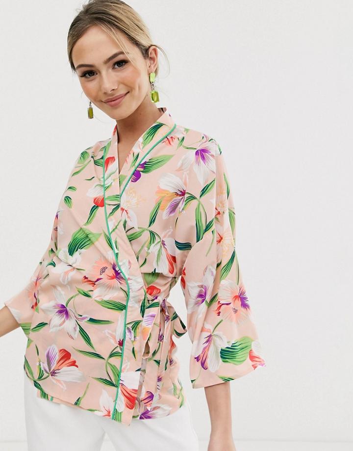 Liquorish Wrap Blouse With Contrast Piping In Floral-multi