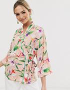Liquorish Wrap Blouse With Contrast Piping In Floral-multi