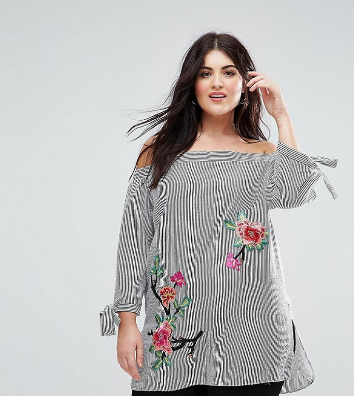 Lovedrobe 3d Floral Motif Stripe Print Bardot Blouse - Multi