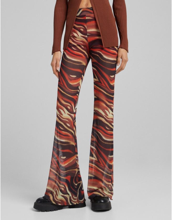 Bershka Mesh Retro Print Flare Pants In Red