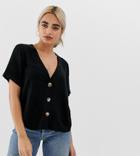 Asos Design Petite Boxy V Neck Top With Contrast Buttons - Black