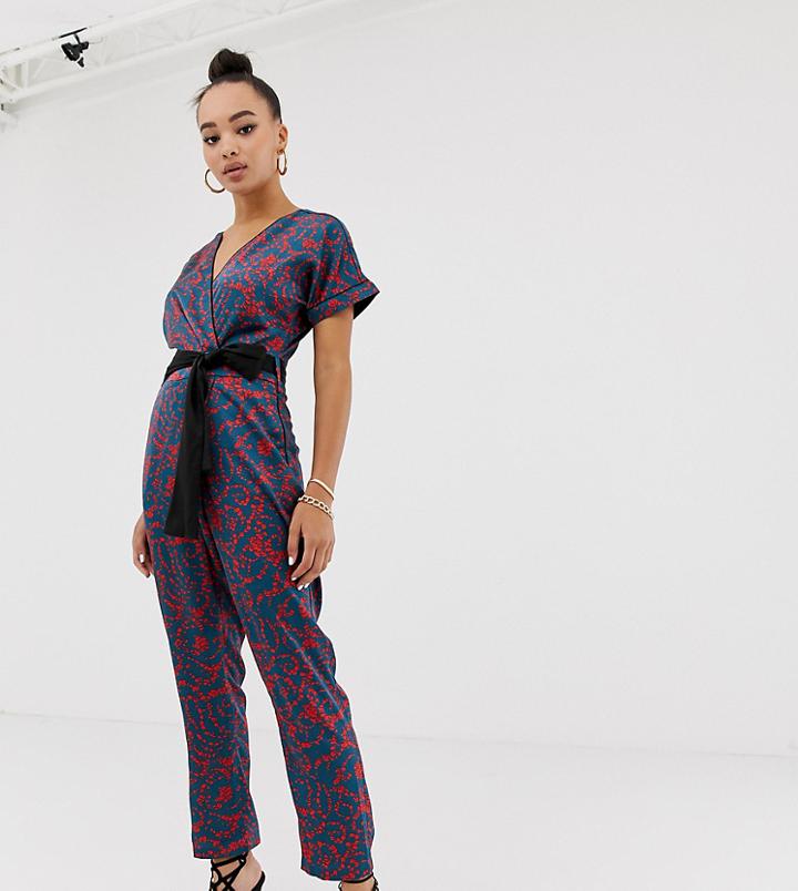Missguided Wrap Front Jumpsuit With Tie In Blue Floral - Multi