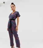 Missguided Wrap Front Jumpsuit With Tie In Blue Floral - Multi