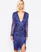 Lavish Alice Embroidered Wrap Midi Dress With Deep Plunge - Blue