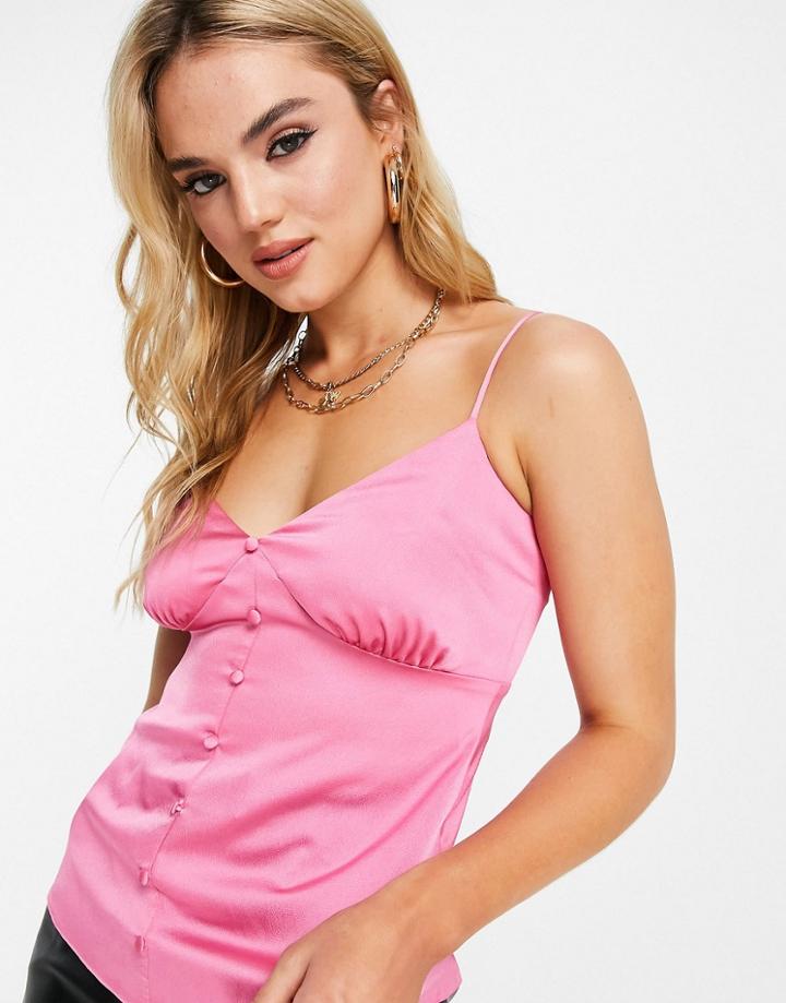 River Island Satin Button Front Cami In Pink