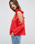 Asos Satin Top With High Neck & Ruffle Cold Shoulder - Red