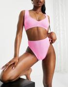 Asos Design Mix And Match Crinkle V Front Crop Bikini Top In Pink