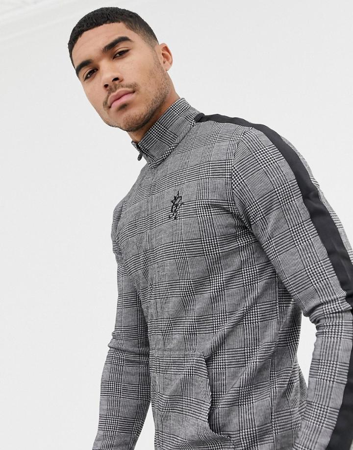 Gym King Muscle Track Top In Check With Side Stripes - Black