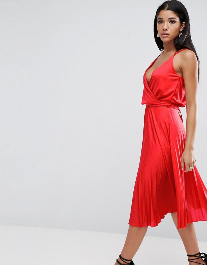 Asos Blouson Wrap Pleated Midi Dress With Tie Waist - Multi