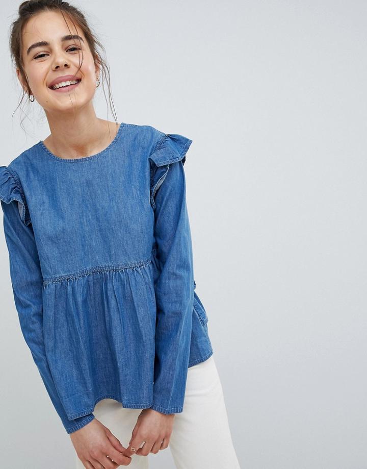 Asos Design Denim Tiered Smock Top In Midwash Blue - Blue