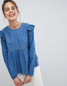 Asos Design Denim Tiered Smock Top In Midwash Blue - Blue