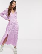 Pieces Wrap Maxi Dress In Lilac Printed Jacquard-purple