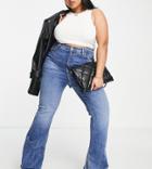 River Island Plus Mid Rise Slit Side Flared Jeans In Medium Blue