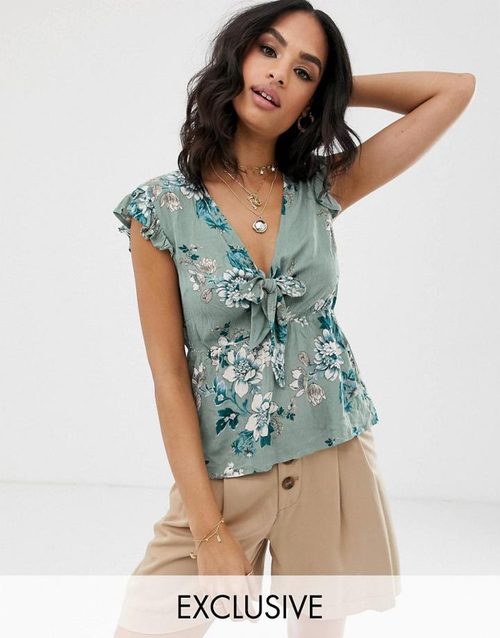 Vila Floral Tie Front Top-blue