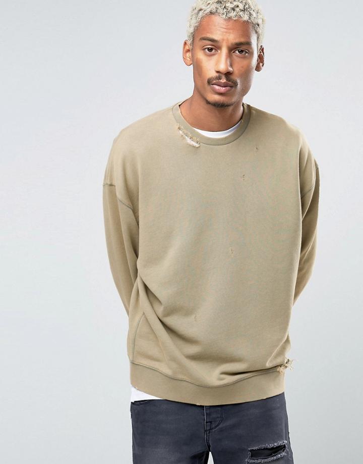 Asos Oversized Sweatshirt With Ripped Neck In Washed Khaki - Green