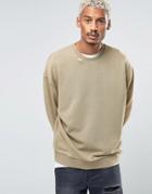 Asos Oversized Sweatshirt With Ripped Neck In Washed Khaki - Green