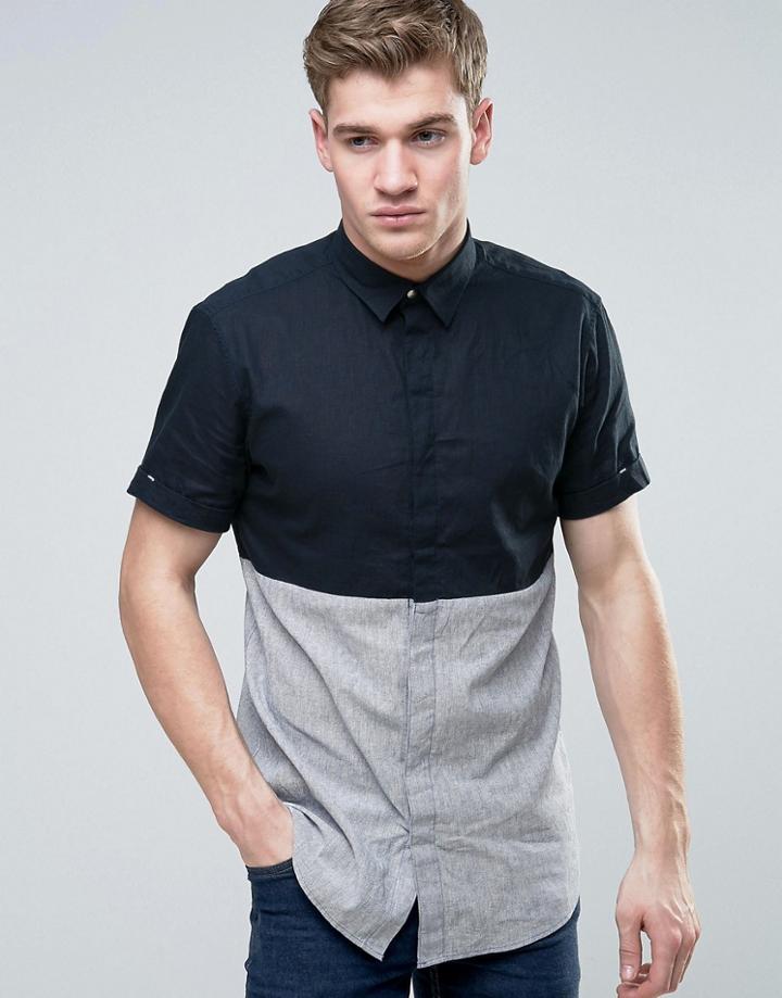 Jack & Jones Core Short Sleeve Shirt In Regular Fit With Block Panel Detail - Navy