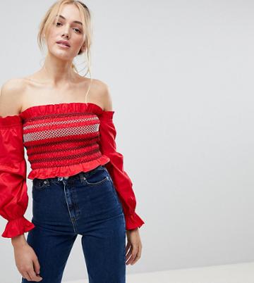 Fashion Union Tall Shirred Off Shoulder Crop Top With Balloon Sleeves - Red