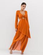 Asos Design Maxi Dress With Long Sleeve And Circle Trim Detail - Orange