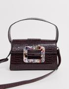 Asos Design Shiny Croc Cross Body Bag With Statement Marble Buckle-purple