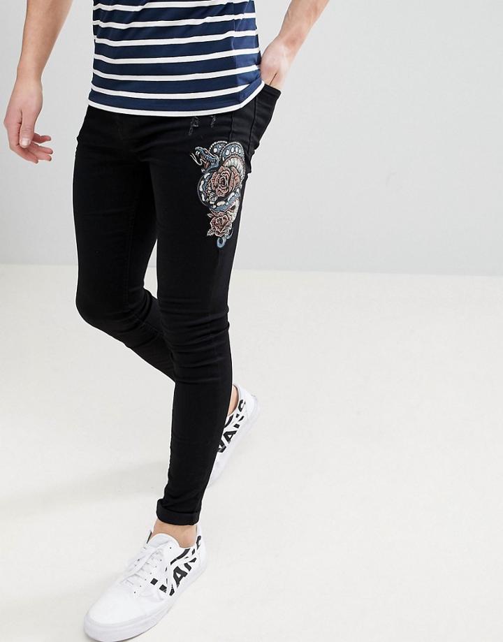 Brooklyn Supply Co Muscle Fit Jeans With Snake Embroidery Black - Black
