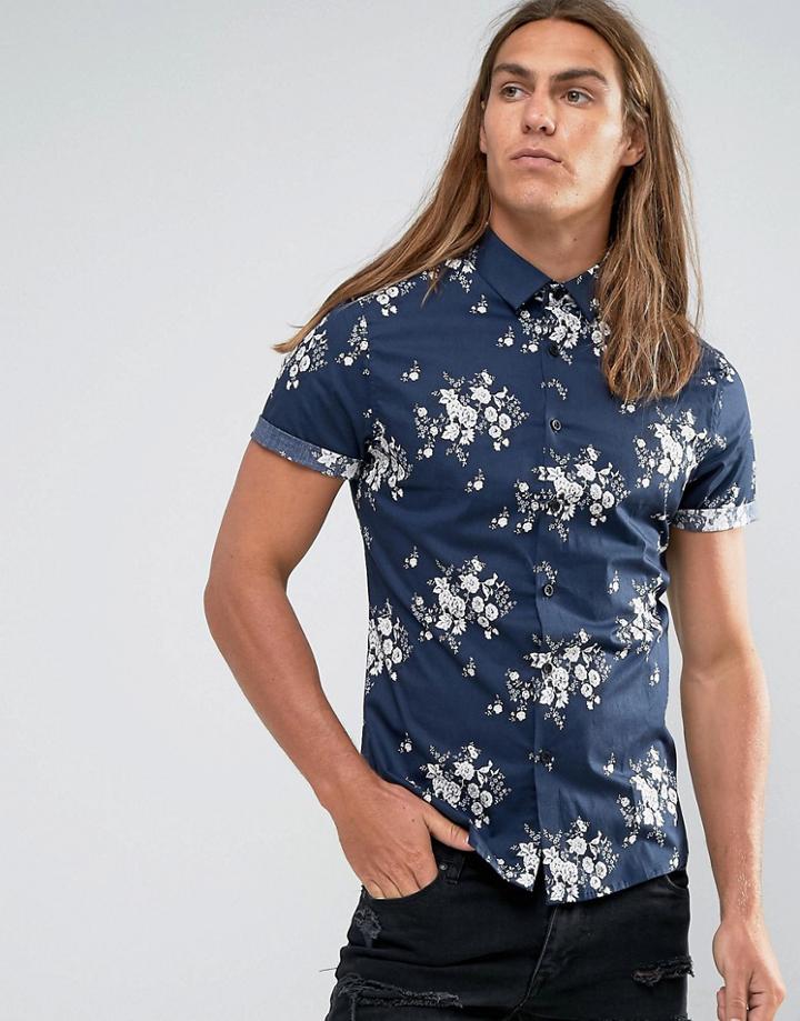 Asos Skinny Floral Print Shirt In Navy - Navy