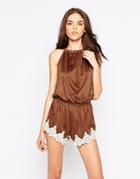 Winston White Riko Vegan Suede Lace Trim Romper - Mahogany