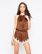 Winston White Riko Vegan Suede Lace Trim Romper - Mahogany