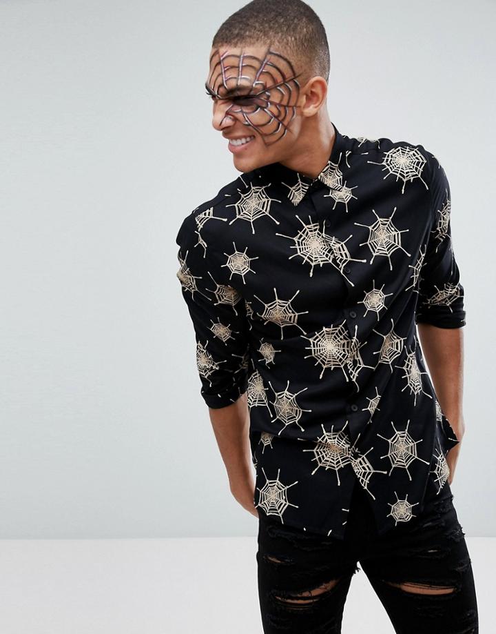 Asos Halloween Regular Fit Viscose Shirt With Spider Webs - Black