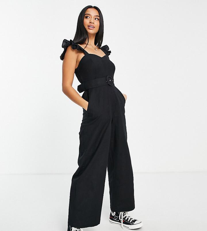 Miss Selfridge Petite Linen Look Frill Strap Jumpsuit In Black