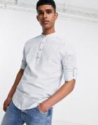 Only & Sons Grandad Collar Overhead Linen Mix Shirt In Blue-blues